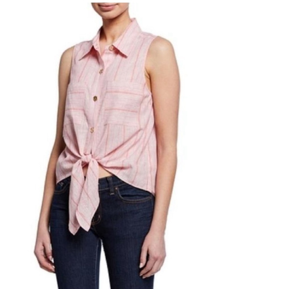 Michael Kors Linen Stripex Front-Tie Sleeveless Shirt XS